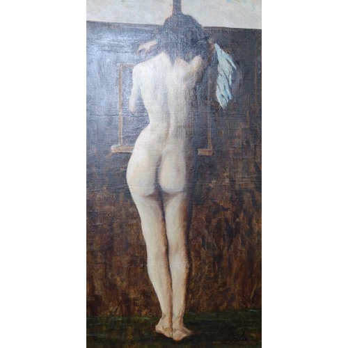 350 - Hyde, oil on board, full length standing nude from the back, 33.5ins x 17ins