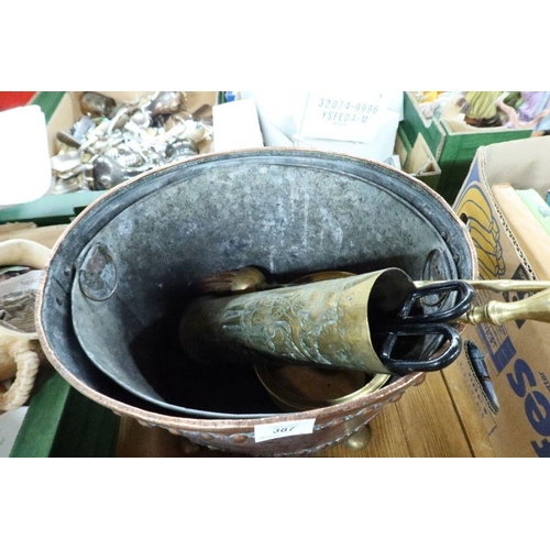 387 - A copper scuttle, shell case etc