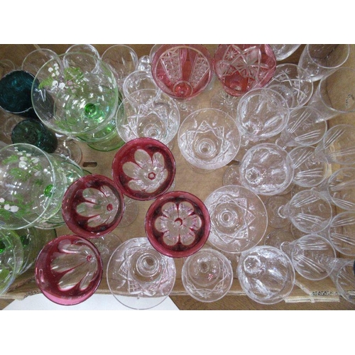 397 - Two boxes of assorted glassware, including 19th century style glasses, coloured glass, Dartington pa... 