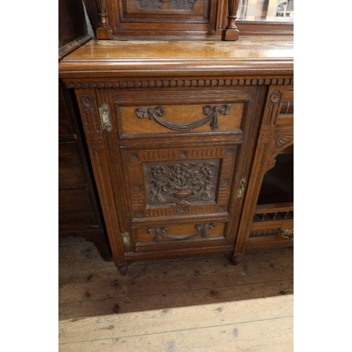 9B - A large Edwardian oak mirror back sideboard, width 84ins, height 98ins , depth 26ins