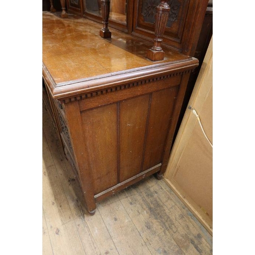 9B - A large Edwardian oak mirror back sideboard, width 84ins, height 98ins , depth 26ins