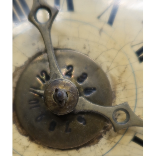 173 - A drop dial clock, with painted dial, having a brass alarm dial to the centre and shaped frame, heig... 