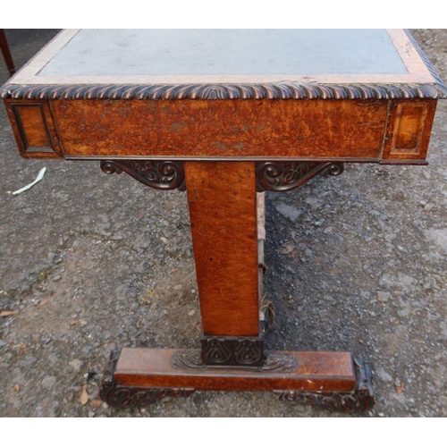 100 - A 19th century birds eye maple center table, of rectangular form, fitted with two real frieze drawer... 