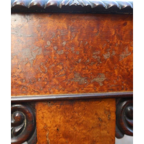 100 - A 19th century birds eye maple center table, of rectangular form, fitted with two real frieze drawer... 