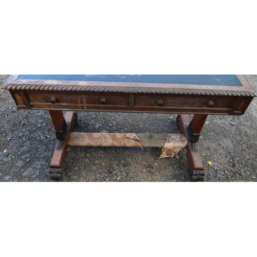 100 - A 19th century birds eye maple center table, of rectangular form, fitted with two real frieze drawer... 