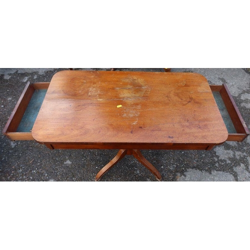 106 - A Victorian mahogany table, of rectangular form, fitted with a drawer to either end, raised on a tur... 