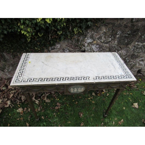 113 - A Regency design  marble topped hall table, the marble having a  Greek key border, over gilt base wi... 