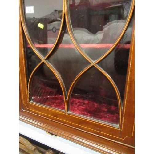 123 - A 19th century mahogany corner cupboard, with glazed door, oak revealed shelves with box wood line i... 