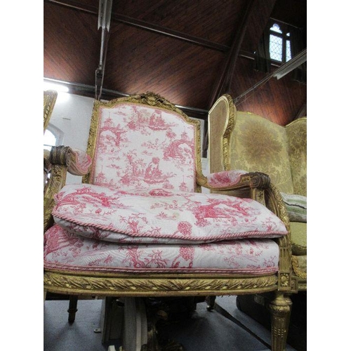 124 - Three continental style gilt frame armchairs, to include two wingback examples and an open arm examp... 