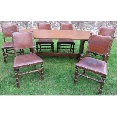 132 - 37859 A stained dining table, length 71ins, width 32ins, height 29.5ins, together with a set of six ... 