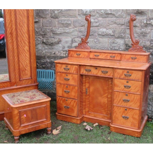 147 - A Victorian satinwood mirror door wardrobe, width 50ins, together with matching dressing table, widt... 