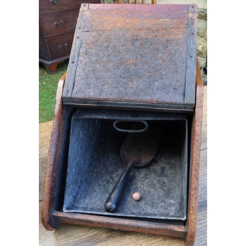 150 - An Edwardian mahogany and satinwood inlaid coal box, with sloping fall flap, together with an oak bo... 