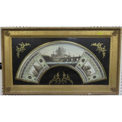 196 - A 19th century Grand Tour fan watercolour, decorated with buildings and a harbour, 12ins x 21ins