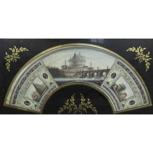 196 - A 19th century Grand Tour fan watercolour, decorated with buildings and a harbour, 12ins x 21ins