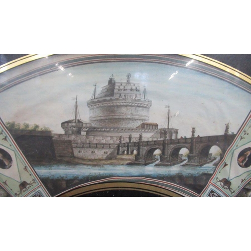 196 - A 19th century Grand Tour fan watercolour, decorated with buildings and a harbour, 12ins x 21ins