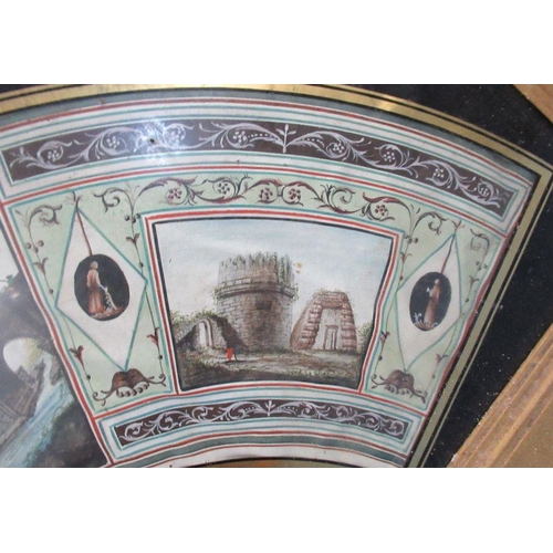 196 - A 19th century Grand Tour fan watercolour, decorated with buildings and a harbour, 12ins x 21ins