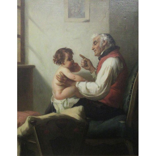 206 - August Muller, oil on canvas, Lesson From Grandfather, 16.5ins x 13ins