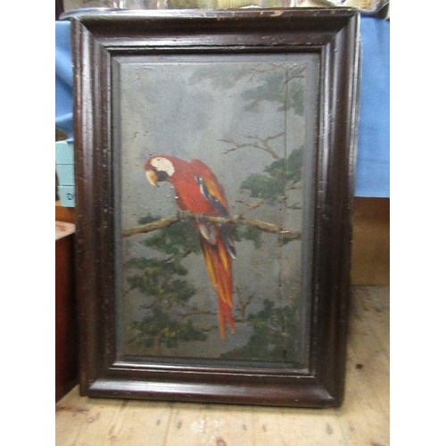 207 - Julia Lunn, pair of oils on panel, parrots on branches with leaves, 22.5ins x 14ins