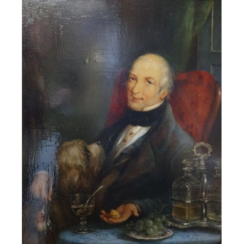 209 - Samuel Eglington, oil on mahogany panel, portrait of a man seated at a table with pipe and dog, date... 