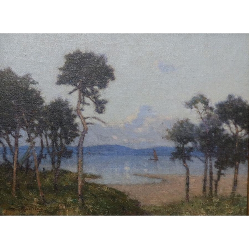 212 - Tom Robertson, oil on canvas, view through trees to beach and sea with boat, 18ins x 23.5ins