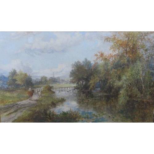 221 - J W Halldoley, oil on canvas, figure on horse herding sheep by a river, 16ins x 26ins