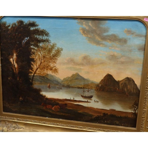 230 - A 19th century oil on canvas, view across water with cattle to the foreground and figures and boats ... 