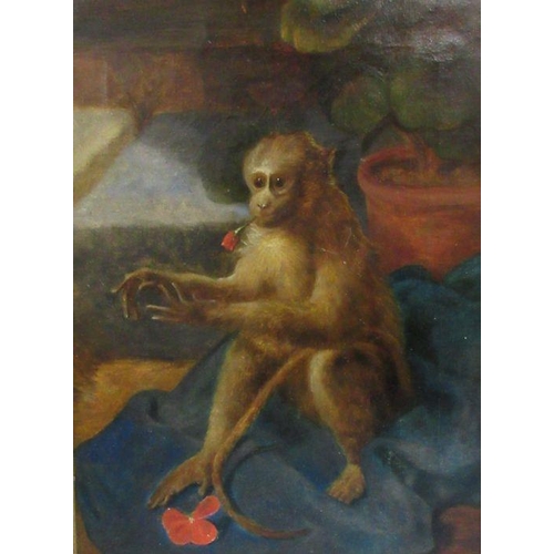 232 - A 19th century English School, oil on canvas, monkey seated on a blue cloth with poppies, 16ins x 12... 