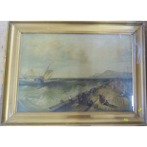 235 - A 19th century oil on canvas, seascape with figures on a pier and boats on a rough sea, 19.5ins x 28... 