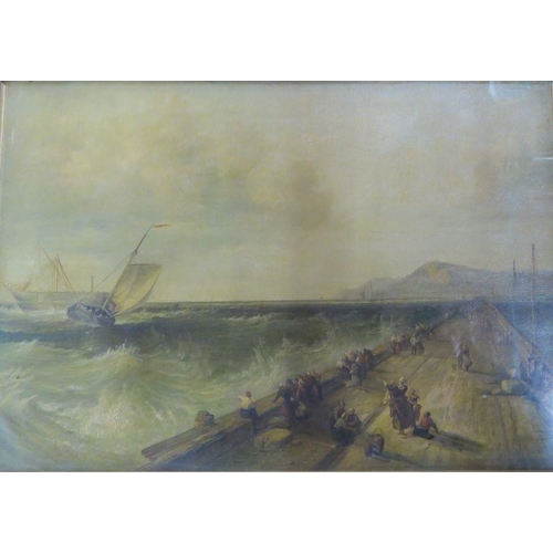 235 - A 19th century oil on canvas, seascape with figures on a pier and boats on a rough sea, 19.5ins x 28... 