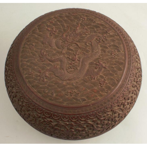 255 - A Chinese cinnabar lacquer circular covered box, late Qing dynasty, carved with five claw dragons in... 