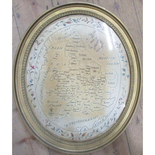 258 - A 19th century oval needlework picture, English and Welsh Counties, maximum diameter 20ins