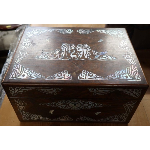 262 - A 19th century mother of pearl inlaid ladies box, the interior fitted with a lift out tray and compa... 