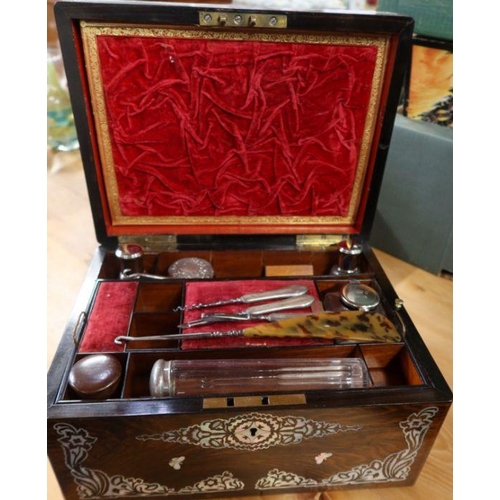 262 - A 19th century mother of pearl inlaid ladies box, the interior fitted with a lift out tray and compa... 