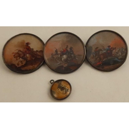 277 - Three miniature circular oils, mounted as buttons, of battle scenes with figures on horseback, diame... 