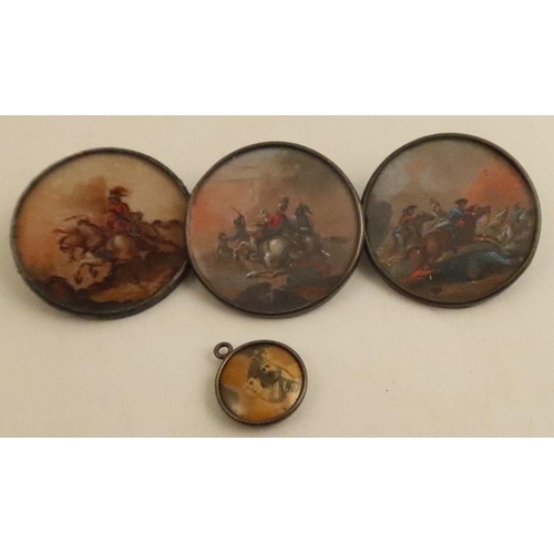 277 - Three miniature circular oils, mounted as buttons, of battle scenes with figures on horseback, diame... 