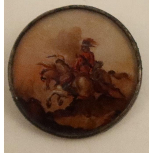 277 - Three miniature circular oils, mounted as buttons, of battle scenes with figures on horseback, diame... 