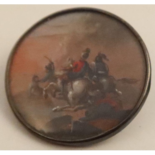 277 - Three miniature circular oils, mounted as buttons, of battle scenes with figures on horseback, diame... 