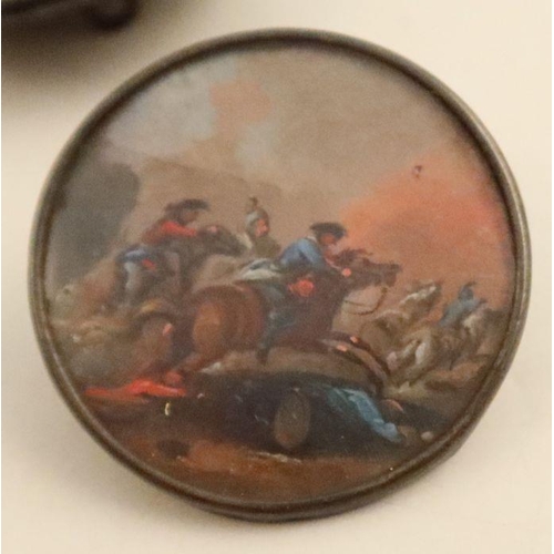 277 - Three miniature circular oils, mounted as buttons, of battle scenes with figures on horseback, diame... 