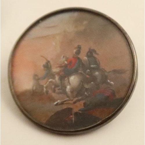 277 - Three miniature circular oils, mounted as buttons, of battle scenes with figures on horseback, diame... 