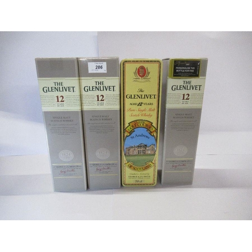 286 - Three boxed 12 year old Glenlivet single malts, together with another boxed Glenlivet 12 year old in... 