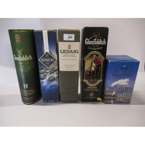 290 - Five bottles of whiskey to include 5 year old Kenmore, Dew of Ben Nevis blend, Ledaig, boxed Glenfid... 