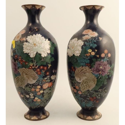 351 - A pair of Japanese cloisonne Meiji period vases, decorated with quail and flowers, af, height 15ins