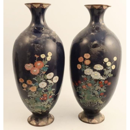 351 - A pair of Japanese cloisonne Meiji period vases, decorated with quail and flowers, af, height 15ins