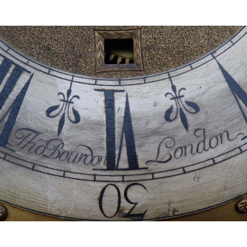 366 - Thomas Bourdon, London, an Antique long case clock, with square brass dial and silvered chapter ring... 