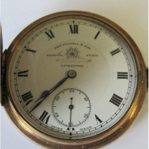 367 - A gold cased open face pocket watch, marked 14k, together with a gold plated hunter pocket watch