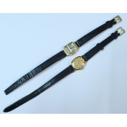 375 - An 18k gold case lady's wrist watch, on leather strap, together with a 9k gold cased lady's watch, o... 