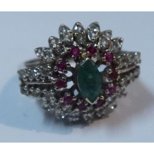 400 - A 14k emerald, ruby and white stone ring, (possibly white sapphire), weight 9g