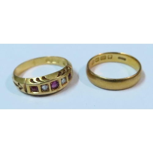 428 - A 22ct gold wedding band, together with an 18 carat ring, set with two diamonds and two rubies