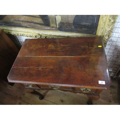 43 - An 18th century walnut lowboy, with rebated top, fitted with three drawers to frieze, raised on turn... 