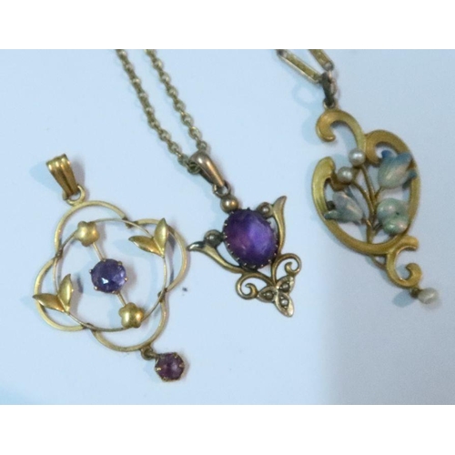 432 - A 15ct gold enamel and pearl pendant, on fancy link chain, together with two other pendants set with... 